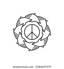 Hands around peace symbol. Peaceful people. Living together in peace. No war concept. Stop violence. Anti-war movement. Group of people holding arms. Isolated line vector illustration.