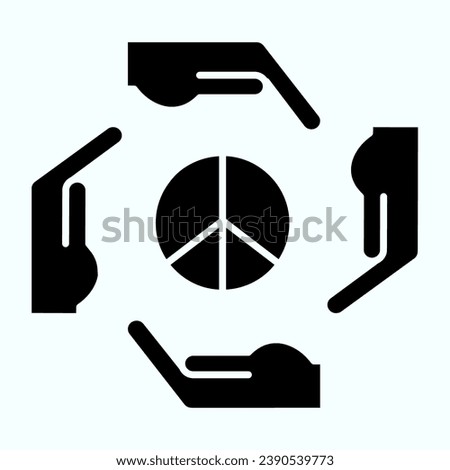 Hands around peace symbol solid icon. Peace symbol in center of four hands illustration isolated on white. Hands as arrows around pacific symbol glyph style design, designed for web and app. Eps 10