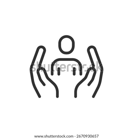 Hands around person, linear icon. Personal care, support, or social protection. Line with editable stroke.