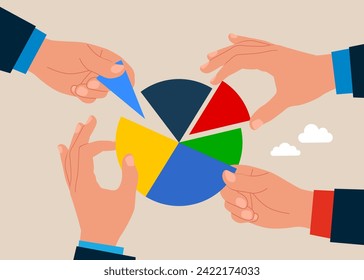 Hands arrange pie chart as rebalancing investment portfolio to suitable for risk and return. Investment asset allocation and rebalance. Flat vector illustration