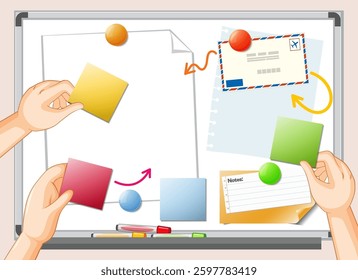 Hands arranging colorful notes on a whiteboard