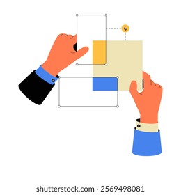 Hands Arranging And Designing Elements In Flat Vector Illustration Symbolizing Creativity, Collaboration, And Design, Isolated On White Background