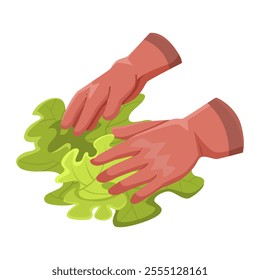 Hands arranging green leaves, isolated on white background. Vector illustration