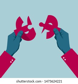 Hands assemble dollar sign. Isolated on blue background.