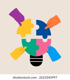 Hands assemble together jigsaw Light bulb puzzle pieces. Colorful vector illustration
