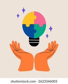 Hands assemble together jigsaw Light bulb puzzle pieces. Colorful vector illustration
