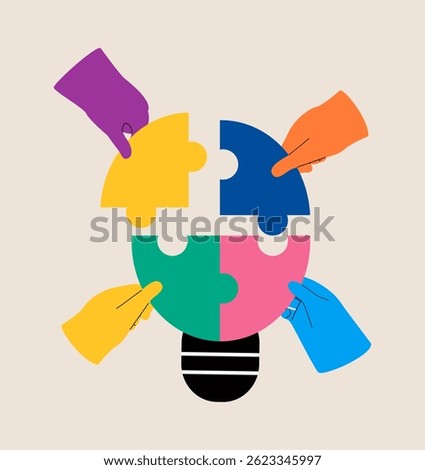 Hands assemble together jigsaw Light bulb puzzle pieces. Colorful vector illustration
