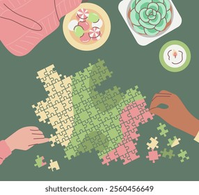 Hands assembling a colorful jigsaw puzzle on a green table with snacks, succulent plant, and candle. Flat lay composition for relaxation and leisure concepts.