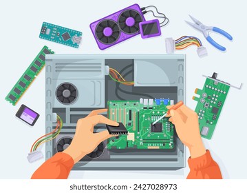 Hands assembling computer. PC warranty repair service or parts building, motherboard semiconductor fixing pcb engineering troubleshooting upgrade component neat vector illustration