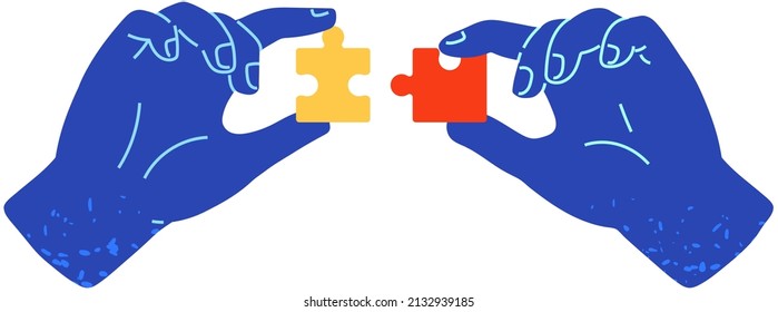 Hands assembling jigsaw puzzle pieces together. Multicolored logic toy, folding picture or mosaic vector illustration. People cooperate to connect pieces of mosaic. Teamwork with puzzle game