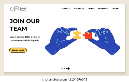 Hands assembling jigsaw puzzle pieces together. People cooperate to connect pieces of mosaic. Teamwork with puzzle game. Join our team website landing page template. Multicolored logic toy, mosaic