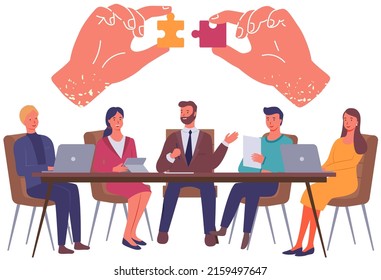 Hands assembling jigsaw puzzle pieces together. People cooperating, brainstorming during meeting. Teamwork with puzzle symbol of business. Team invites to join business collective vector illustration
