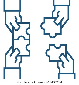 Hands assembling puzzle, business concept. Vector illustration