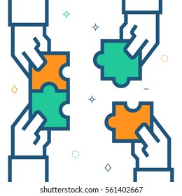 Hands Assembling Puzzle, Business Concept. Vector Illustration