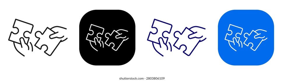 Hands assembling puzzle pieces representing teamwork and problem completion. Line, filled, black, color set. Editable stroke