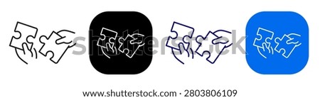 Hands assembling puzzle pieces representing teamwork and problem completion. Line, filled, black, color set. Editable stroke