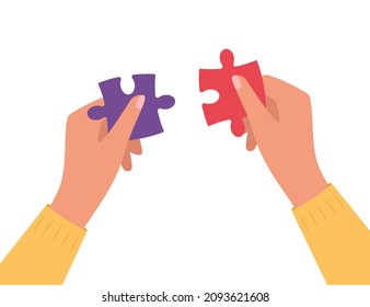 Hands assembling puzzle pieces together. Vector illustration