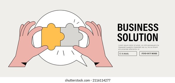 Hands assembling together jigsaw puzzle pieces. Business and corporate communication between coworkers, manager and team.  Work organisation management banner, web landing page. Business solution.