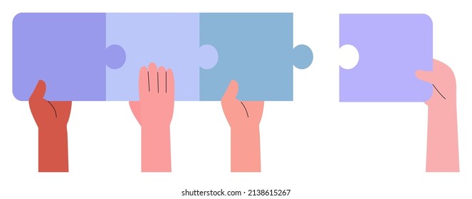 Hands assembling together jigsaw puzzle pieces. Business and corporate communication between coworkers, manager and team.  Work organisation management banner, web landing page. Business solution.