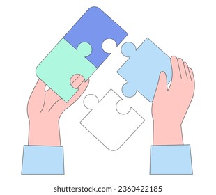 Hands assembling together jigsaw puzzle pieces. Concept of brainstorming, project planning and and business process. Work organisation management banner, web landing page. Business solution.