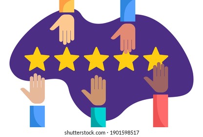 Hands assesses five rating stars - maximum positive ranking in abstract decoration - vector illustration for good review, service, quality, result. Vector illustration