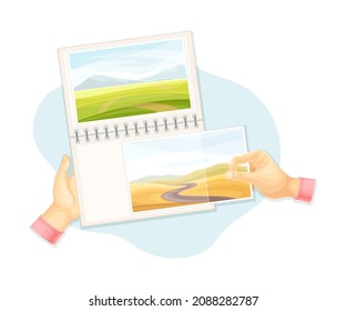 Hands attaching photos at photo album. Top view of creative work process, hobby and craft concept vector illustration