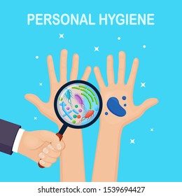 Hands with bacteria, microbes, virus, germs and magnifying glasses. Personal hygiene. Vector flat design 