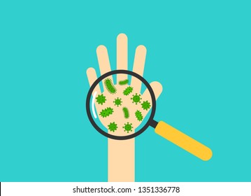 hands and bacterial or germs look through the magnifying glass Isolated on blue background. Vector Illustration.