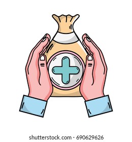 hands with bag dotation with heart and cross symbol