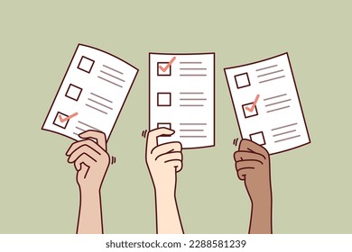 Hands with ballot papers during democratic elections among political parties of parliament or president. Selecting annual vote in referendum for presidential candidate with best election program 