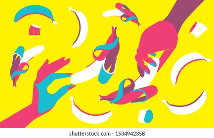 Hands and bananas, pop art style in contrast colors in flat illustration style