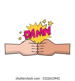 hands banging their fists and pop art style of damn word exclamation over white background, vector illustration