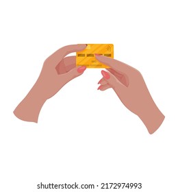 Manos con tarjeta bancaria. Contando, transfiriendo, dando, recibiendo, exprimiendo y mostrando dinero. Pago de bienes con tarjeta de crédito. Caridad. Operaciones bancarias. Ilustración vectorial.