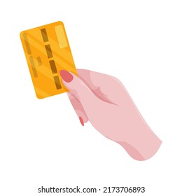 Hands with bank card. Counting, transferring, giving, receiving, squeezing and showing money. Payment for goods by credit card. Charity. Bank operations. Vector illustration.