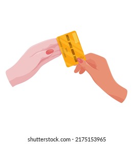 Manos con tarjeta bancaria. Contando, transfiriendo, dando, recibiendo, exprimiendo y mostrando dinero. Pago de bienes con tarjeta de crédito. Caridad. Operaciones bancarias. Ilustración vectorial.