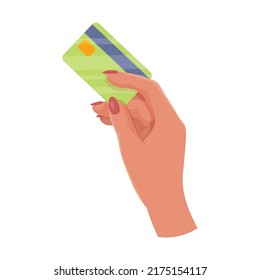 Hands with bank card. Counting, transferring, giving, receiving, squeezing and showing money. Payment for goods by credit card. Charity. Bank operations. Vector illustration.