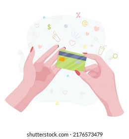Manos con tarjeta bancaria. Contando, transfiriendo, dando, recibiendo, exprimiendo y mostrando dinero. Pago de bienes con tarjeta de crédito. Caridad. Operaciones bancarias. Ilustración vectorial.