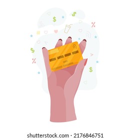 Hands with bank card. Counting, transferring, giving, receiving, squeezing and showing money. Payment for goods by credit card. Charity. Bank operations. Vector illustration.