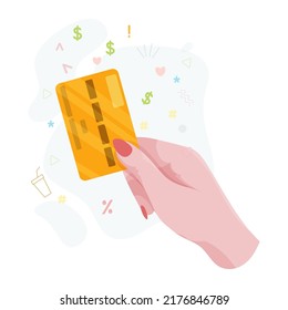 Hands with bank card. Counting, transferring, giving, receiving, squeezing and showing money. Payment for goods by credit card. Charity. Bank operations. Vector illustration.