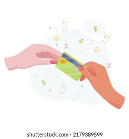 Hands with bank card. Counting, transferring, giving, receiving, squeezing and showing money. Payment for goods by credit card. Charity. Bank operations. Vector illustration.