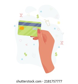 Hands with bank card. Counting, transferring, giving, receiving, squeezing and showing money. Payment for goods by credit card. Charity. Bank operations. Vector illustration.