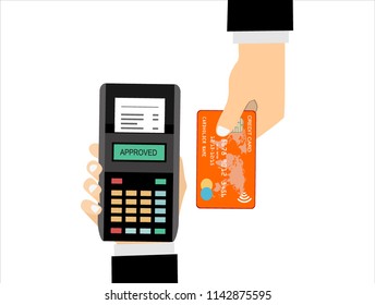 Hands with bank card near POS terminal. Wireless, contactless or cashless payments, rfid nfc. Vector illustration in flat style