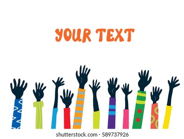 Hands up banner with many people - banner for support or promotion, vector graphic illustration