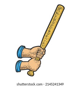 hands with baseball bat color sketch engraving vector illustration. T-shirt apparel print design. Scratch board imitation. Black and white hand drawn image.