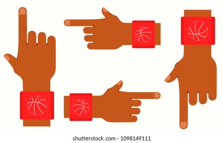 Hands of basketball player with sports Wrist Wrap. Modern flat cartoons style vector illustration icons. Isolated on white. Basketball player hand indicates in different directions. Sport Wrist Wrap.