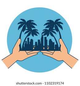 hands with beach cityscape scene