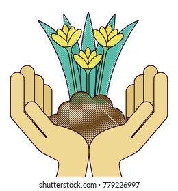 hands with beautiful flowers cultivated icon