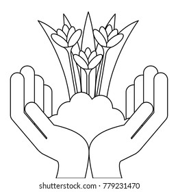 hands with beautiful flowers cultivated icon
