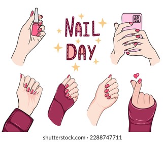 hands with beautiful manicure, nails, set. Vector Illustration for backgrounds, covers and packaging. Image can be used for greeting cards, posters and stickers. Isolated on white background.