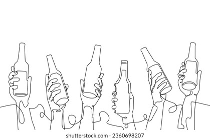 Hands with beer bottles. Continuous line drawing art. Vector illustration.